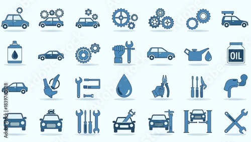 Automotive service icon set illustrating car repair, maintenance, oil change, diagnostics, towing, and spare parts in clean flat design for transport industries