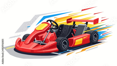 High speed red go-kart illustration with motion streaks and dynamic angles showing competitive motorsport racing action, agility, and adrenaline on the track