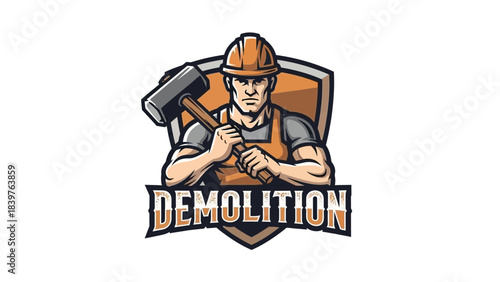 Demolition worker logo illustration featuring a muscular construction man with helmet and hammer emblem representing strength, power, heavy industry, and destruction services