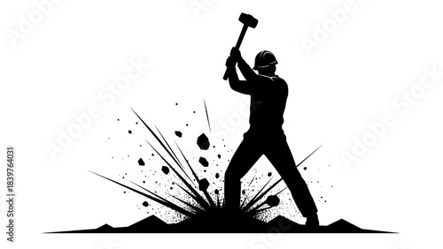 Silhouette of a construction worker striking the ground with a heavy hammer creating debris explosion in a dramatic black graphic representing intense manual labor strength