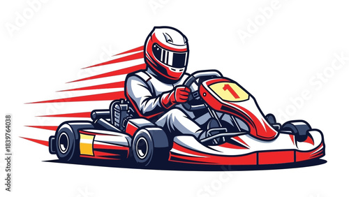 Professional race kart illustration with a skilled driver in white racing suit and helmet driving a red kart at high speed, emphasizing aggressive motion and competitive racing