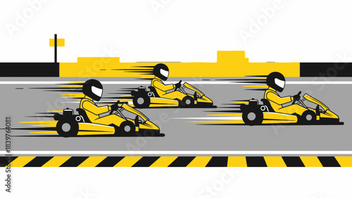 Dynamic go-kart race illustration with three helmeted drivers speeding along a yellow and black racetrack, creating motion blur and intense competitive atmosphere
