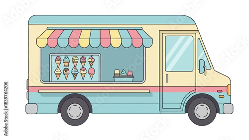 Pastel colored ice cream truck illustration with striped awning and multiple scoops displayed on the window offering sweet frozen treats for kids and summer events
