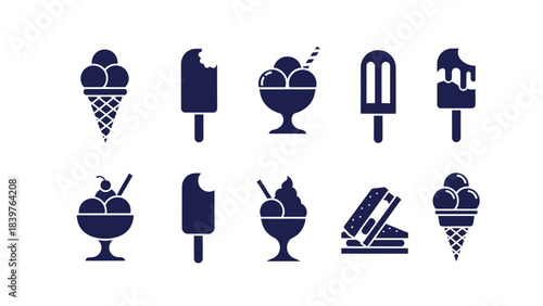 Dark blue silhouette icons collection of various ice cream desserts, cones, bowls, and popsicles displayed as flat graphic symbols for food design and sweet treat themes