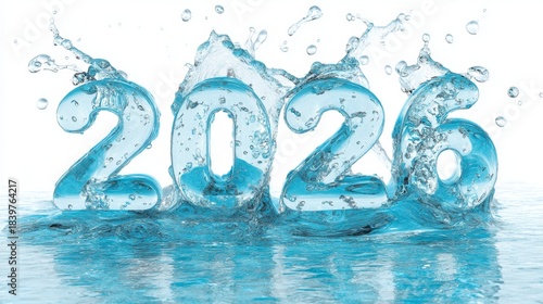 Photorealistic Water Splash with Transparent Digits 2026 Blue Theme