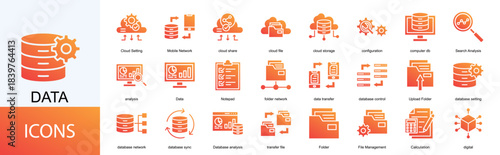 data icon collection set. Containing Cloud Setting, Mobile Network, cloud share, cloud file, cloud storage, configuration icon
