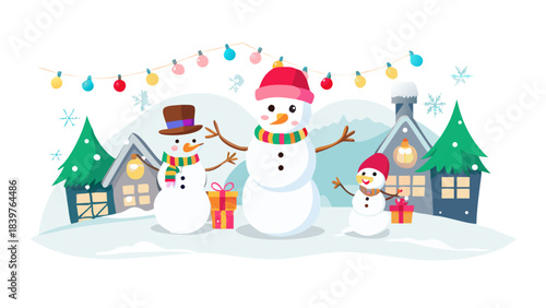 A cheerful snowman family decorating their snowy yard with lights, candy canes, garlands, and glowing lanterns, joyful holiday spirit everywhere