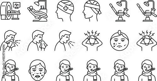 Medical Sickness and Health Examination Outline Icon Set, Covering MRI, Dental Chair, Bandages, Fever, Headaches, Coughing, and Skin Problems, Vector