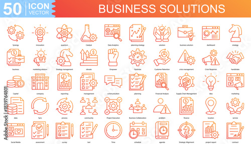 Business Solutions icon collection set. Containing Synergy, innovation, quantum, Catalyst, Data Analytics, planning strategy, solution icon
