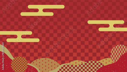 和柄模様と雲の和風背景素材/赤