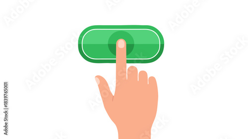 Human Index Finger Pressing a Green Round Button with White Border and Subtle Texture Against a Black Background Representing a Click Action or Selection