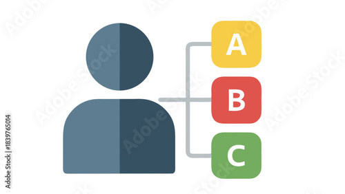 Human silhouette connected to decision options labeled A B and C representing choice or selection in a conceptual graphic illustration on a black background