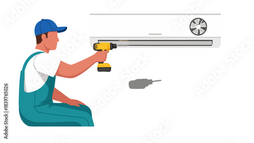 HVAC Technician Installing Air Conditioner Unit With Power Drill On A White Wall During Daytime Work