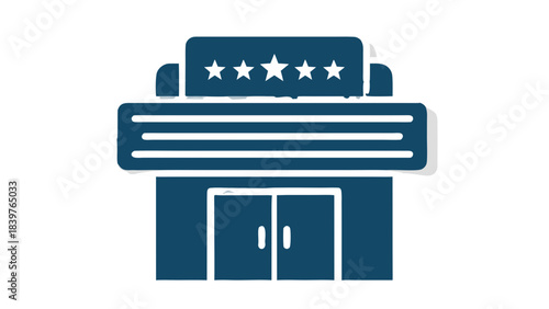 Iconic Marquee Theater Facade With Five Stars Above Entrance Doors And A Blank Sign Ready For Text In A Simple Dark Blue Silhouette Style