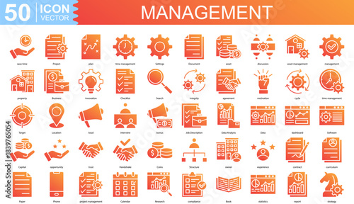 management icon collection set. Containing Project, plan, time management, Settings, Document, asset, discussion icon