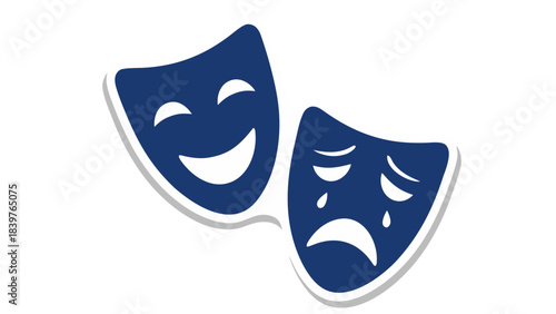 Iconic Theatre Masks Representing Comedy and Tragedy in Blue and White on a Black Background Symbolizing Emotion Drama Performance Arts Entertainment