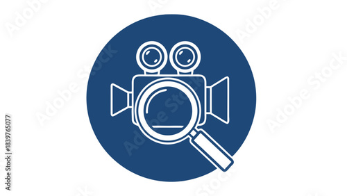 Iconography of a Vintage Video Camera with a Magnifying Glass Overlay Set Against a Deep Blue Circle on a Black Background Representing Media Analysis or Film Production Research