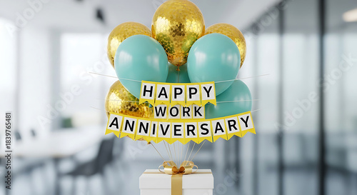 Teal and gold balloons with happy work anniversary banner above gift box image
