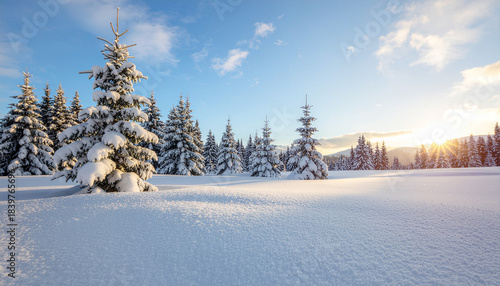 A peaceful winter scene with sunlight peaking over a snow-covered field and pine trees dusted with fresh white snow. A calm, beautiful morning.