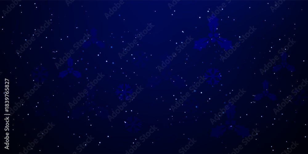 Fototapeta premium Beautiful glowing snow Christmas background. Subtle flying snow flakes and stars on dark blue night background. Appealing winter silver snowflake overlay template. Immaculate vector illustration.