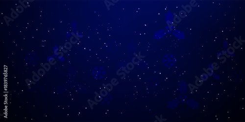 Beautiful glowing snow Christmas background. Subtle flying snow flakes and stars on dark blue night background. Appealing winter silver snowflake overlay template. Immaculate vector illustration.