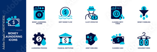 Money Laundering Blue Colored Outline Icon Set