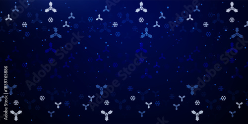 Sparse snowfall Christmas background. Subtle flying snow flakes and stars on dark blue night background. Beauteous winter silver snowflake overlay template. Symmetrical vector illustration.