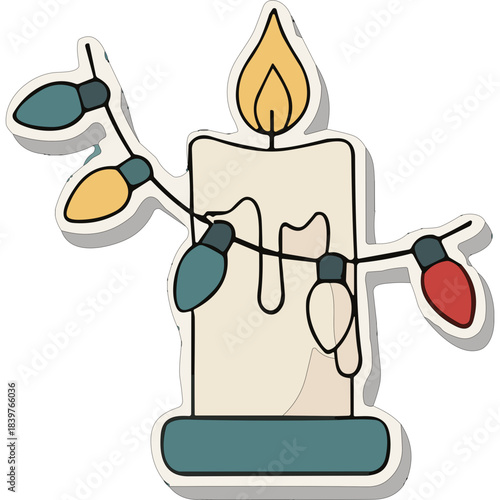 Cream Colored Dripping Candle With Festive Christmas Lights Wrapped Around It Illuminated By A Warm Flame On A Teal Candle Holder Against A White Background