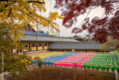 Wooden temple and colorful Buddhist lanterns at the the Bulguksa Temple in Gyeongju, South Korea