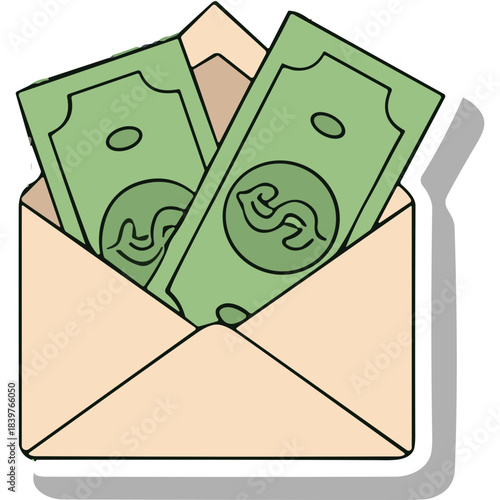 Cream Colored Envelope Filled With Green Dollar Bills Displaying Dollar Signs Against A White Background With Subtle Shadowing