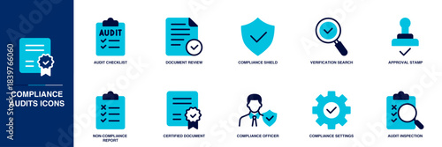 Compliance Audits Blue Colored Outline Icon Set