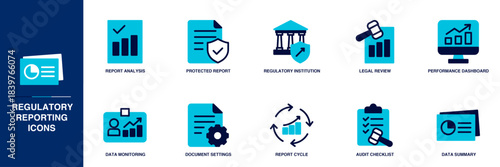 Regulatory Reporting Blue Colored Outline Icon Set