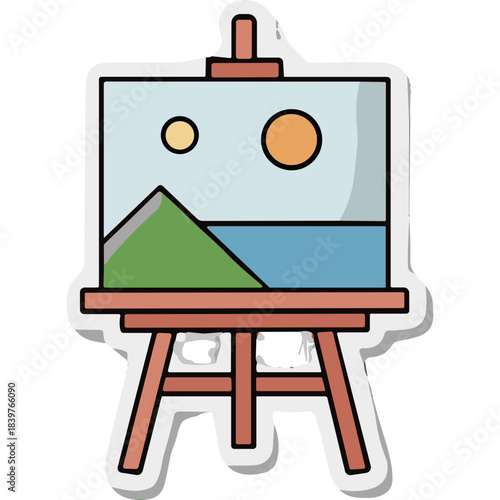 Creative Easel Displaying Landscape Painting Under Bright Sunlight With Artistic Elements And Warm Hues In A Studio Setting