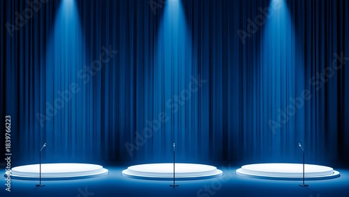 Empty Stage with Blue Curtains, Spotlights, and Three Podium Microphones for Presentation