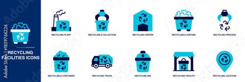 Recycling Facilities Blue Colored Outline Icon Set