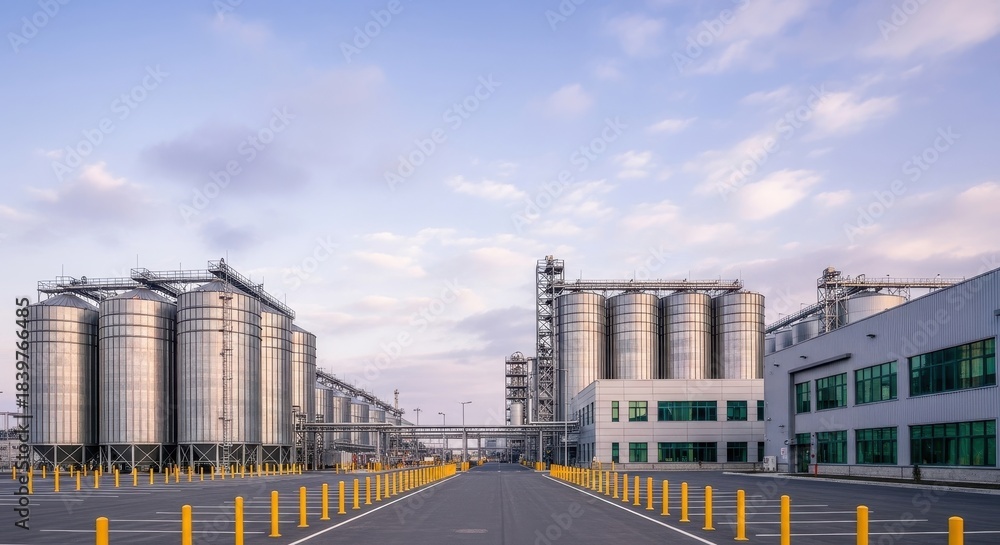 Obraz premium Modern industrial factory complex with large storage silos and advanced manufacturing facilities under a clear sky