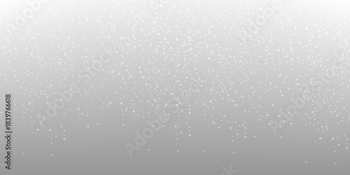 Beautiful falling snow Christmas background. Subtle flying snow flakes and stars on light grey background. Actual winter silver snowflake overlay template. Brilliant vector illustration.