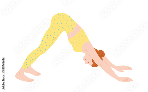 Woman practicing yoga or Pilates exercise cartoon illustration. Young girl downward facing dog yoga stretching exercise. Healthy lifestyle fitness, wellness meditation concept in flat graphic style