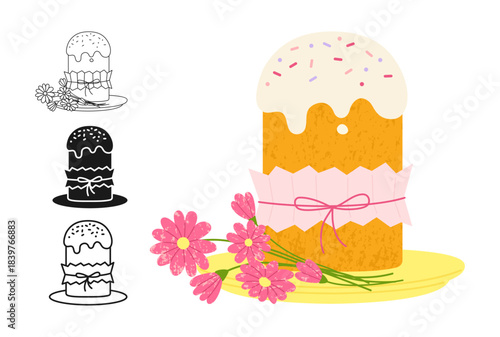 Easter cake and flowers for Happy Easter symbol cartoon set. Holiday Easter bakery cute sweet bread with icing sweet pastry linear doodle icon. Hand drawn vector grainy texture isolated illustration