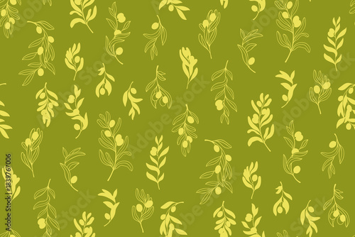 Olive branches with leaves olives seamless pattern. Hand drawn botanical elegant boundless ornament. Vector illustration endless design perfect for paper print, textile, wrapper backdrop template