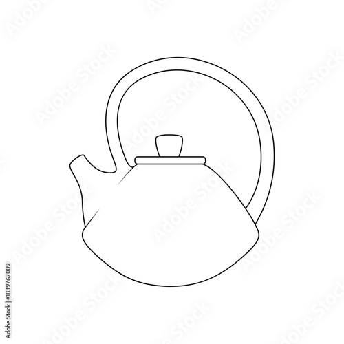 Black and white outline teapot illustration. Simple kitchenware design for coloring pages, tea shop branding, menu decoration, line art prints, and minimalist home graphics.