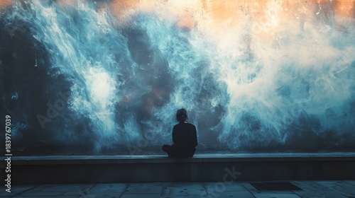 A lone figure sits before a wall of swirling blue and orange smoke, their back turned to the viewer, contemplating the ethereal scene.