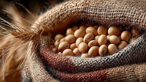 Natural dried soybeans on rough burlap wallpapers