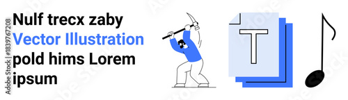 Digital art, education resources, music , creativity, icon design, minimalist concepts. Bold person swinging pickaxe, text layers and musical note. Creativity and education resources concept