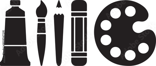 supplies icon silhouette set paint tube, brush, pencil, eraser and artist palette vector illustration