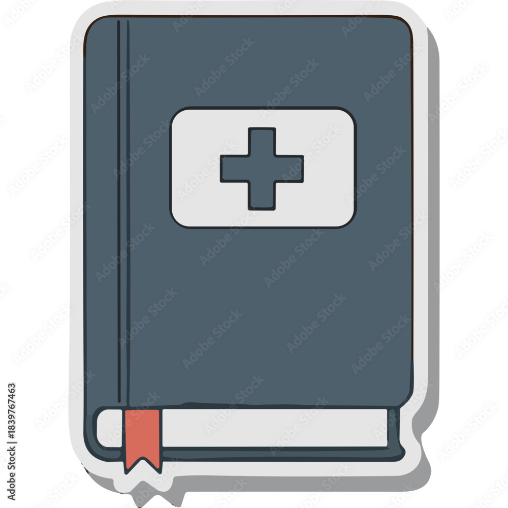 Fototapeta premium Dark Blue Medical Book With White Cross Symbol On Cover And Red Bookmark Detailed Vector Illustration For Healthcare And Science Content