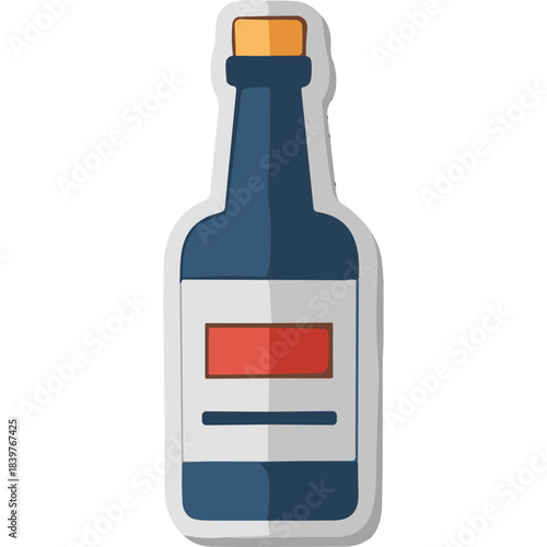 Dark Blue Glass Bottle With Orange Cap And Red Label Featuring White Outline On Black Background