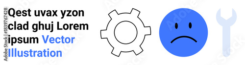 Gear outline, blue sad face, and wrench for concepts thumbs up repair, troubleshooting, or system issues. Ideal for technology, maintenance, help desk, technical services mechanics system errors