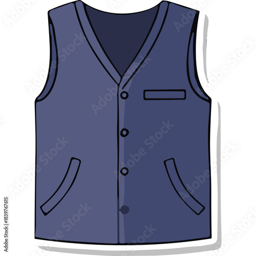 Dark Blue V Neck Sleeveless Waistcoat Vest With Two Pockets And Button Up Front Simple Flat Illustration Isolated On White Background
