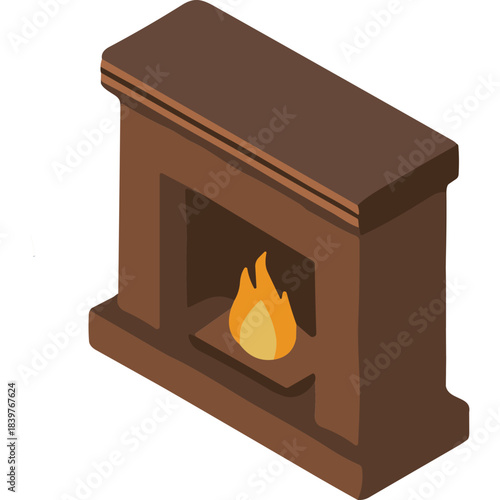 Dark Brown Wooden Fireplace With Glowing Orange Flames Inside Cozy Hearth Room Ambiance Warmth and Comfort Illustration Isometric View
